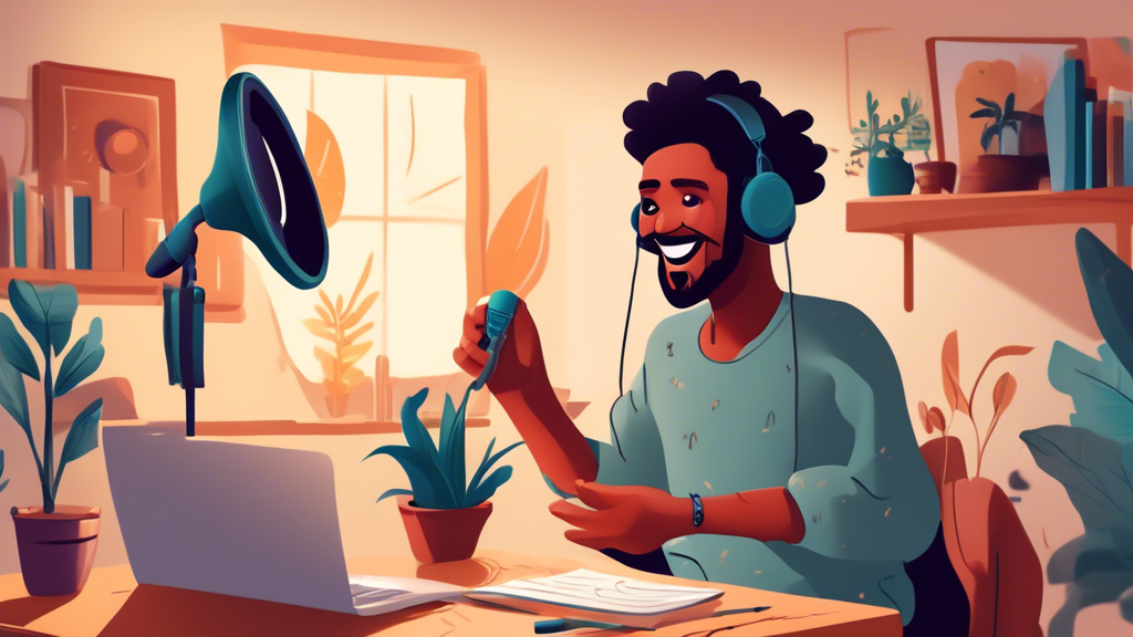 image-17 | Get Income Now Create an image that depicts a person engaged in storytelling while recording content. The setting should be a cozy, well-decorated home studio filled with