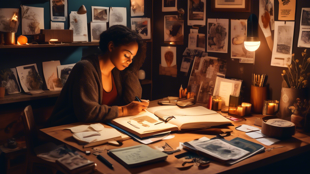 image-23 | Get Income Now A compelling illustration of an individual deep in thoughtful self-reflection, seated at a desk with a journal and pen, surrounded by mood boards, personal