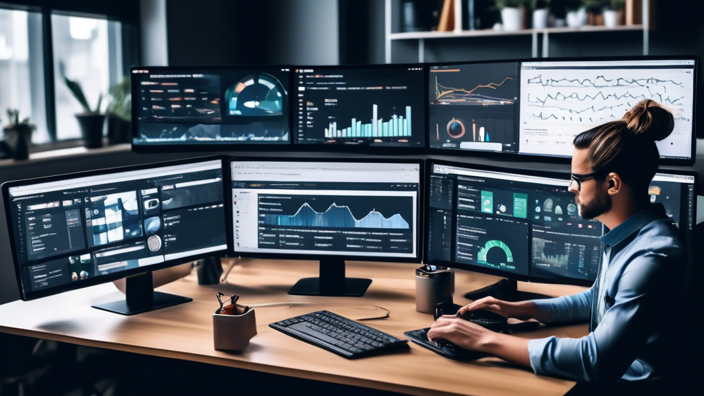 image-27 | Get Income Now Create an image of a social media manager at their desk, surrounded by multiple monitors displaying various social media analytics dashboards and graphs. O